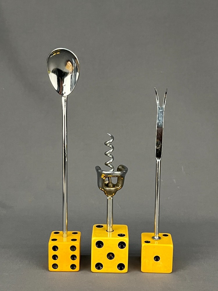 3 pc Mid-Century Bakelite Dice Bar Utensils Corkscrew Spoon & Olive Fork