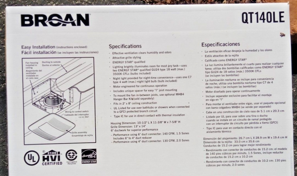 Broan QT140LE 140CFM Ventilation Fan Light - White