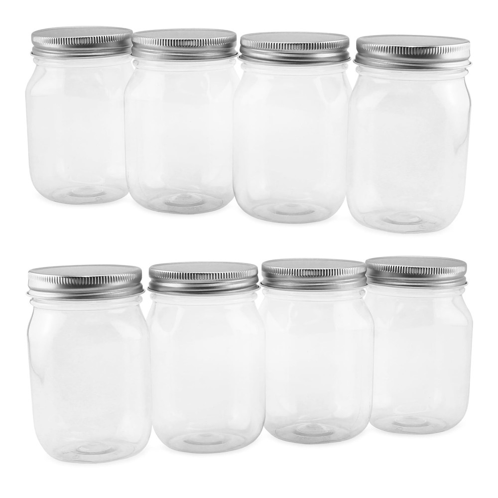 Cornucopia Brands 16-Ounce Clear Plastic Mason Jars (8-Pack, Silver Metal Lid...
