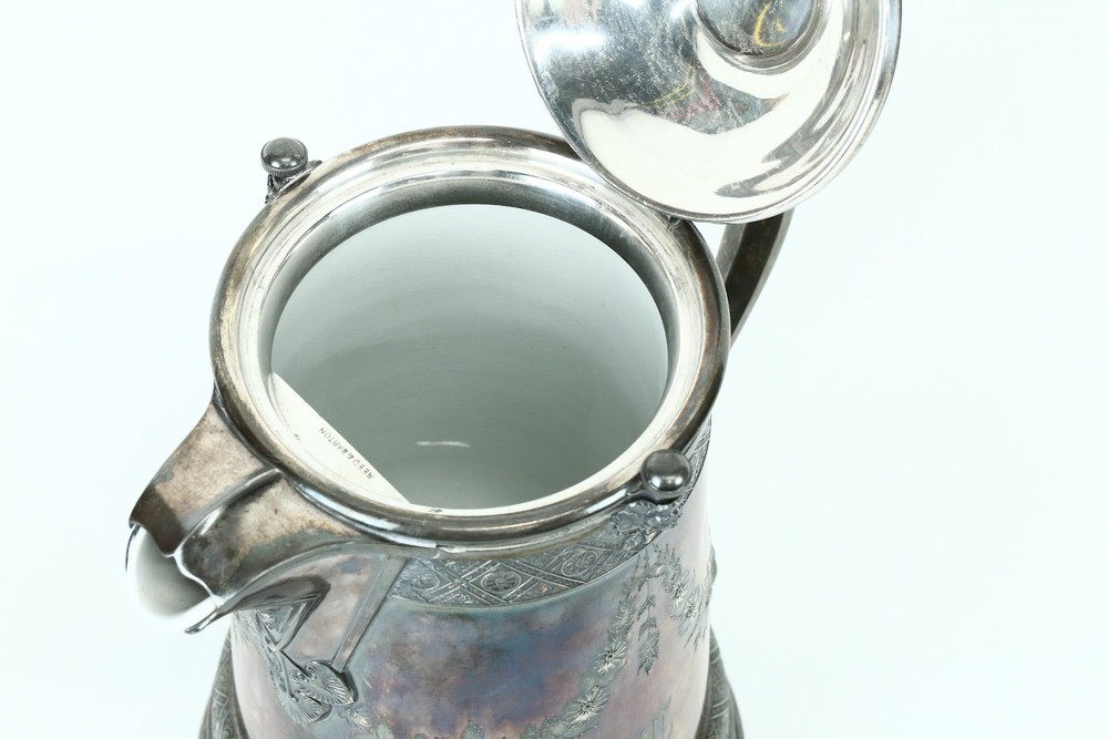 Large Late 19th C. Reed & Barton Silver Plated Water Pitcher with Ceramic Insert