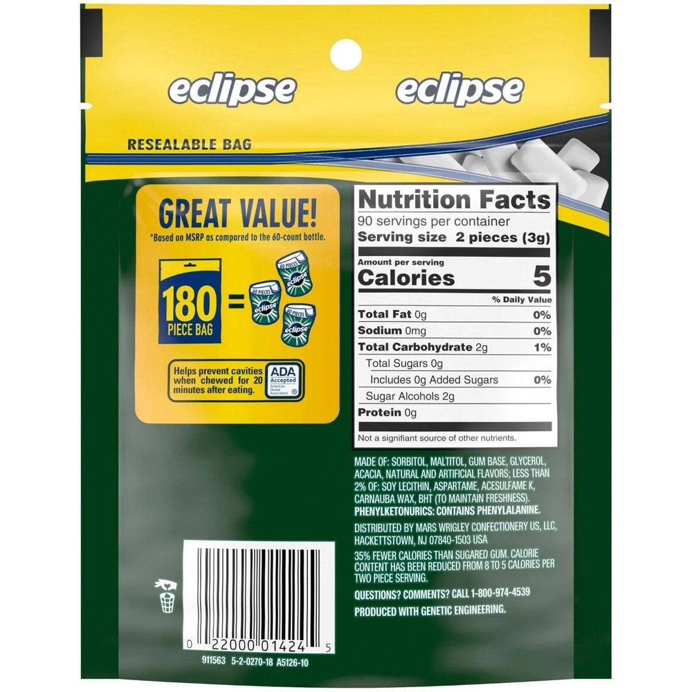 Eclipse Spearmint Sugar Free Chewing Gum, Value Pack - 180 ct Bag