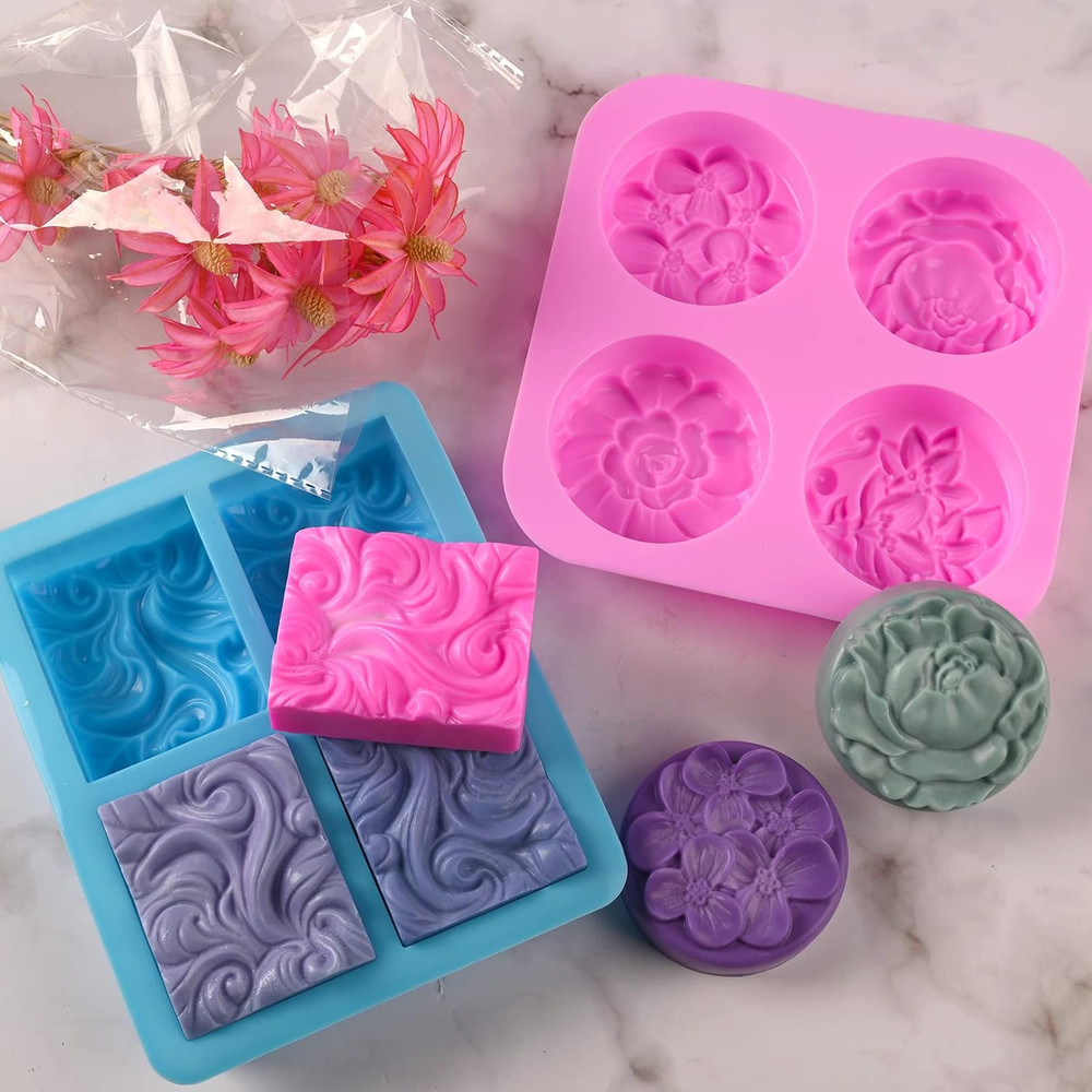 2 Pack Silicone Soap Molds, 4 Cavities Rectangle Wave and round Flower Silicone