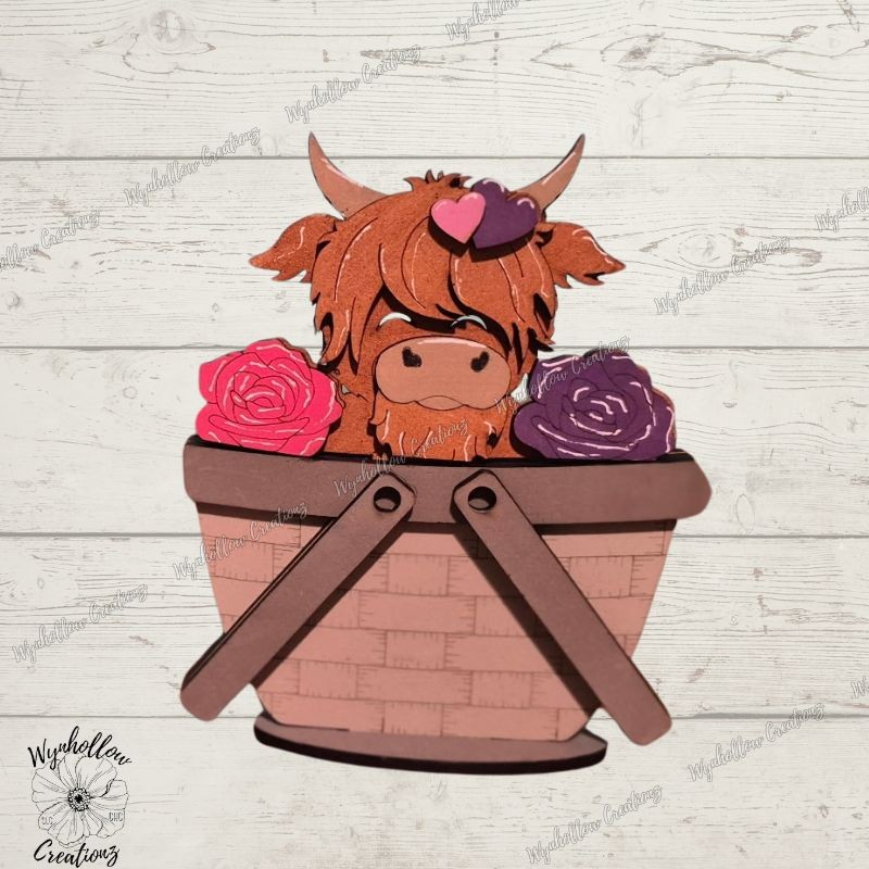 Highland Cow with Roses Interchangeable Basket Insert (Small only)