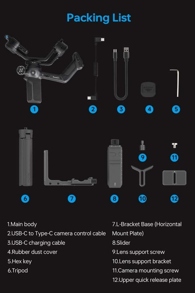 FeiyuTech SCORP 3 Camera Gimbal Stabilizer – 7.72lbs Payload, Detachable Handle