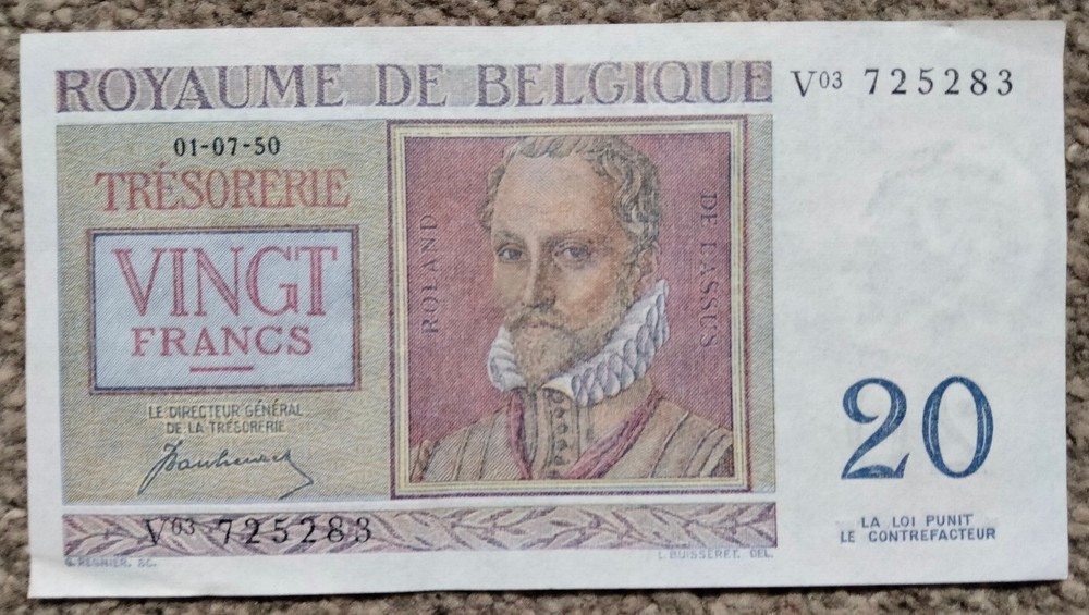 Belgium 20 Francs 1950 P-132a  EF+