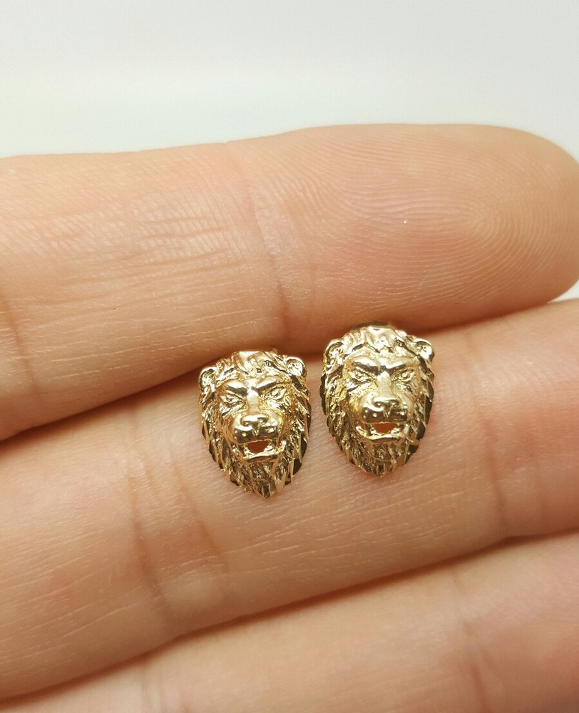 14k Solid Yellow Gold Lion Head Leo Stud Earrings Push Back