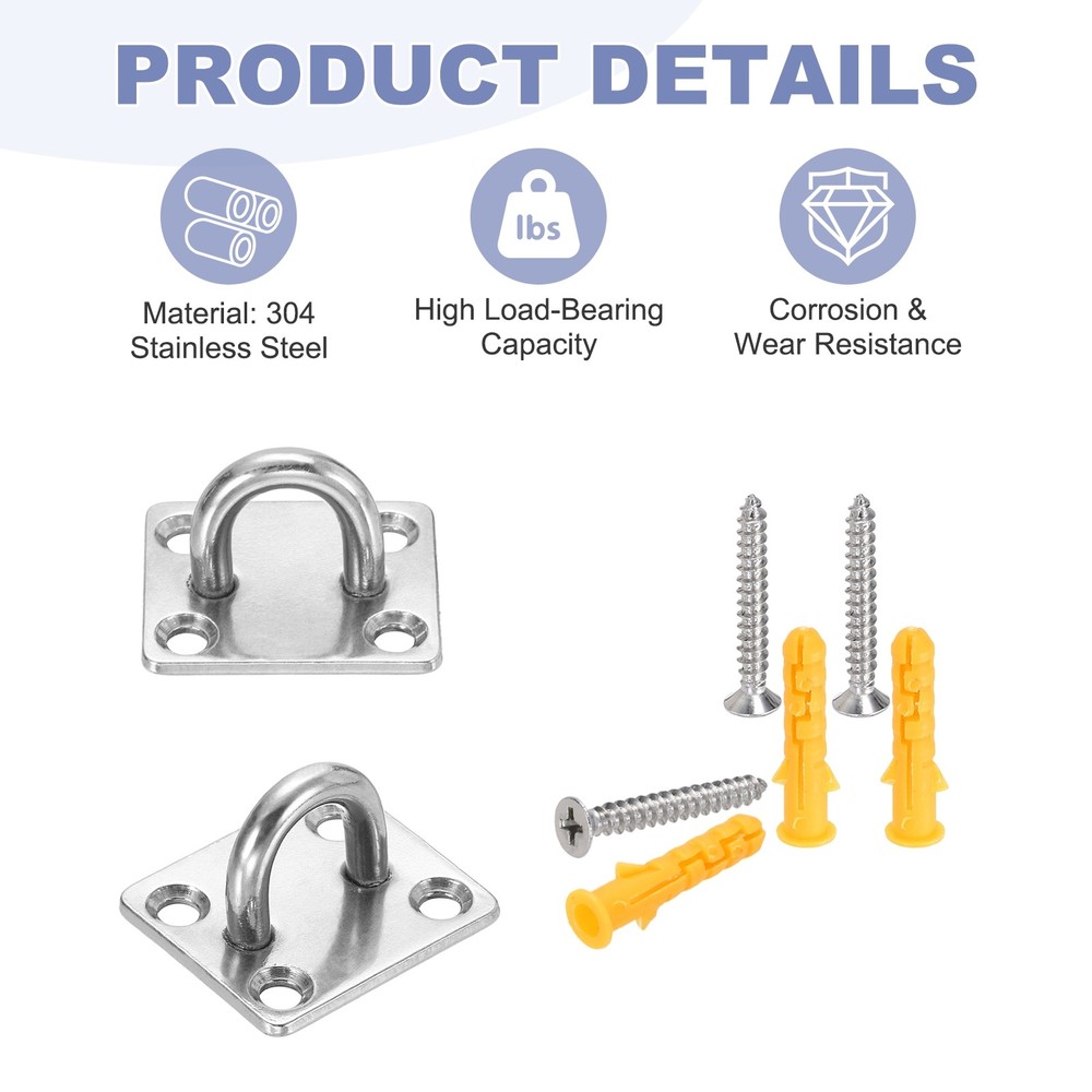 2Pcs M6 Eyelet Bracket Set Square Hook Plate and Hook, Silver