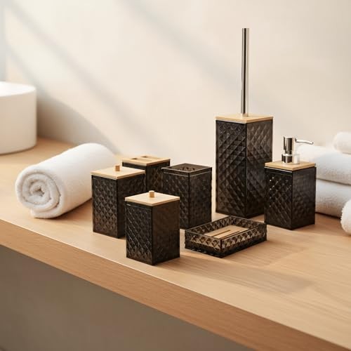 Bathroom Accessory Set,Bathroom Set Include Soap Dispenser, Qtip 7 Pcs Black