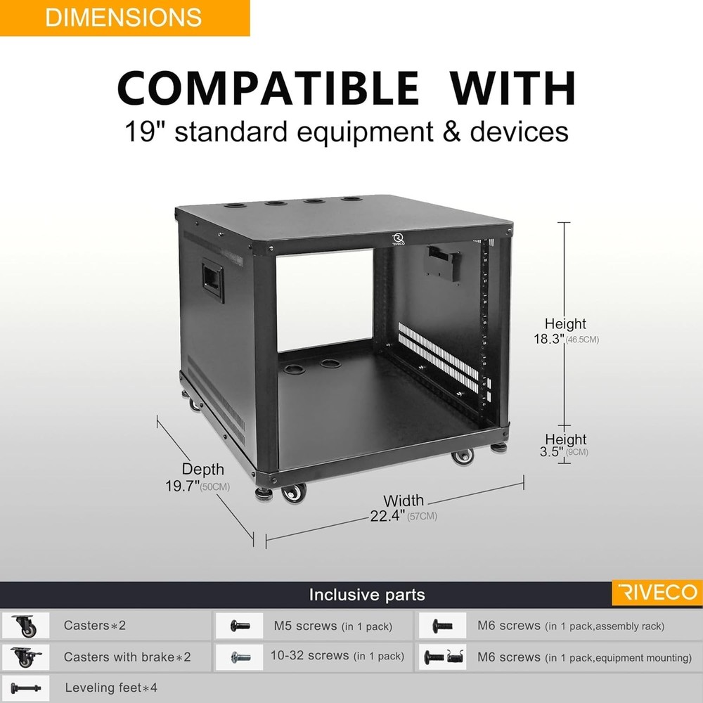 RIVECO 9U Network & Audio Rack with Feet & Wheels Server Rack #3955G T5
