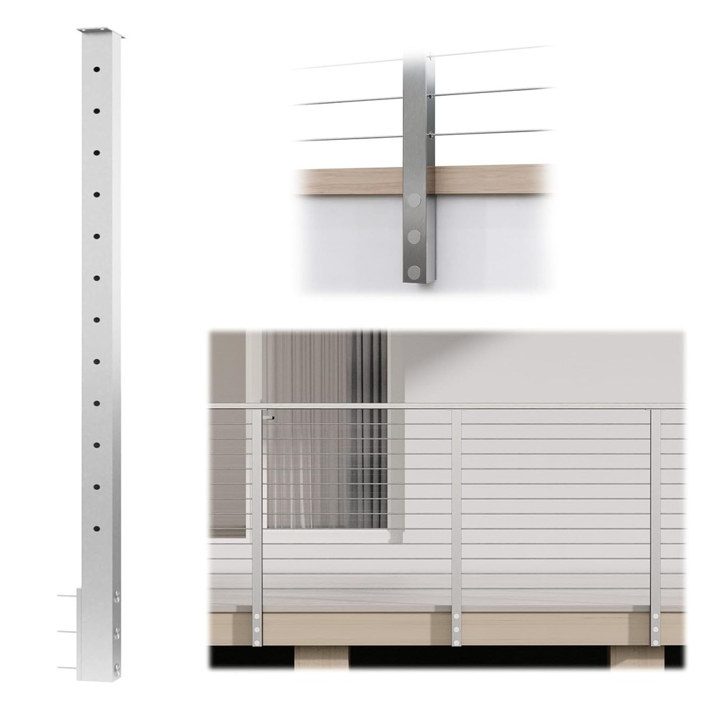42" Side Mount Cable Railing Post Level Drilled Space-Saving Brushed Stainless