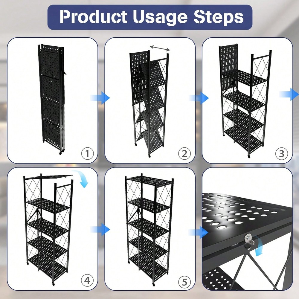 Foldable 3/4/5 Tier Rolling Storage Shelves Metal Wire Rack Black