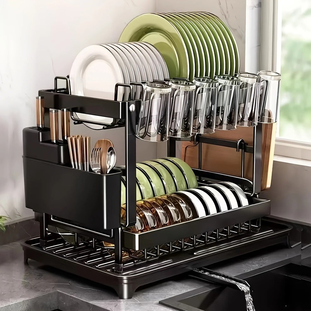 2-Tier Dish Drying Rack Large Capacity Kitchen Organizer Drainer Rack Countertop