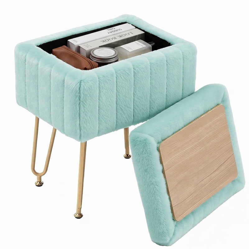 Square Ottoman with Table Top, Comfortable Footrest With Storage,Green