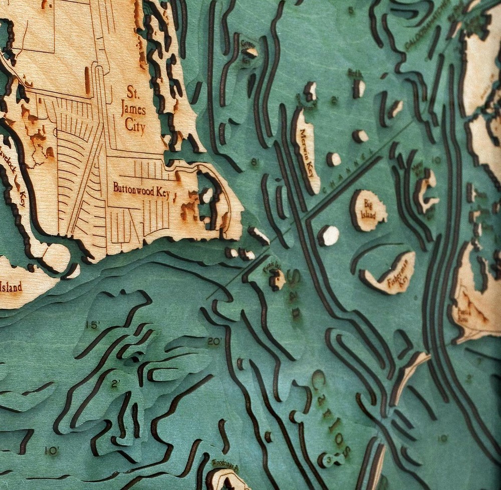Sanibel Island Wood Carved Topographic Depth Chart / Map