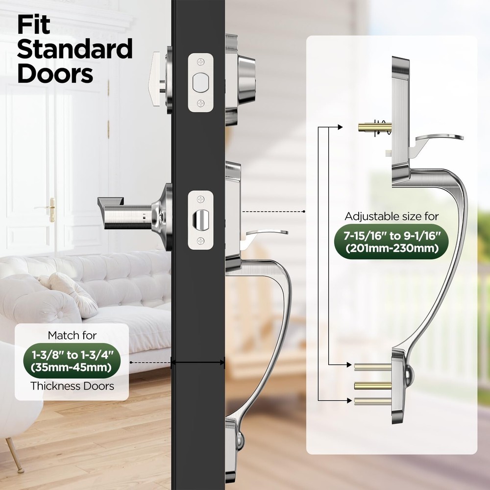 Silver Front Door Handle and Deadbolt Set, Classic Lock With Satin Nickel Ext...