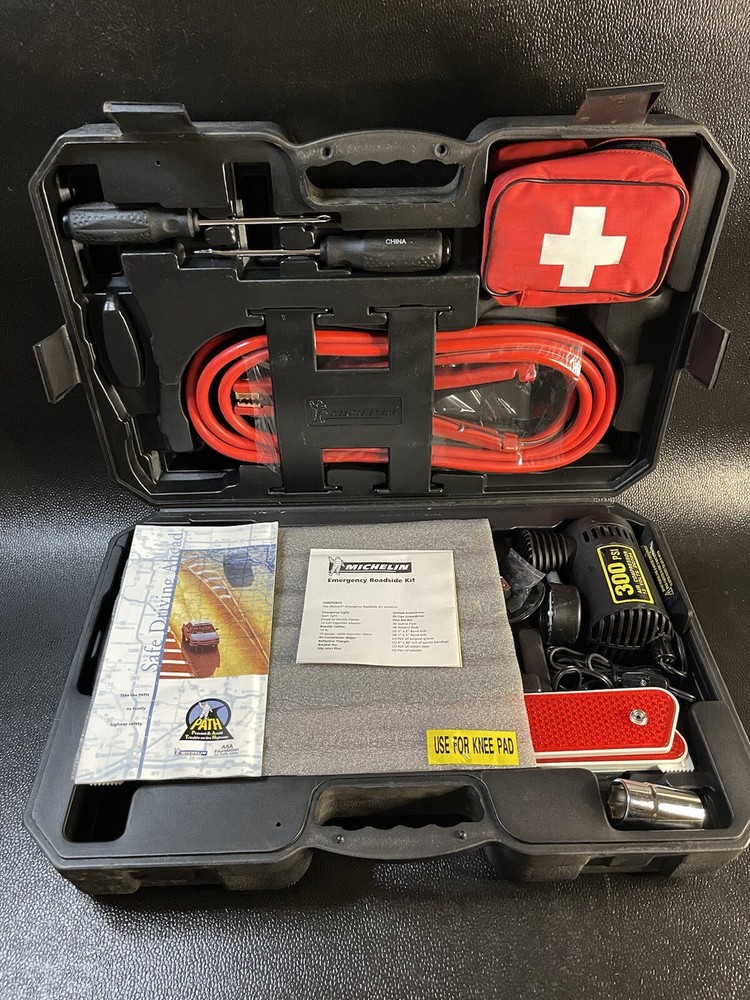 Michelin Brand Roadside Emergency Kit In Storage Case Air Compressor 1st Aid +++