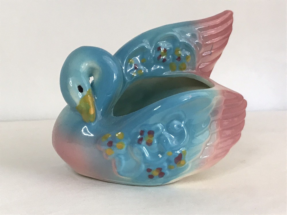 Vintage Blue Pink Swan Ceramic Planter