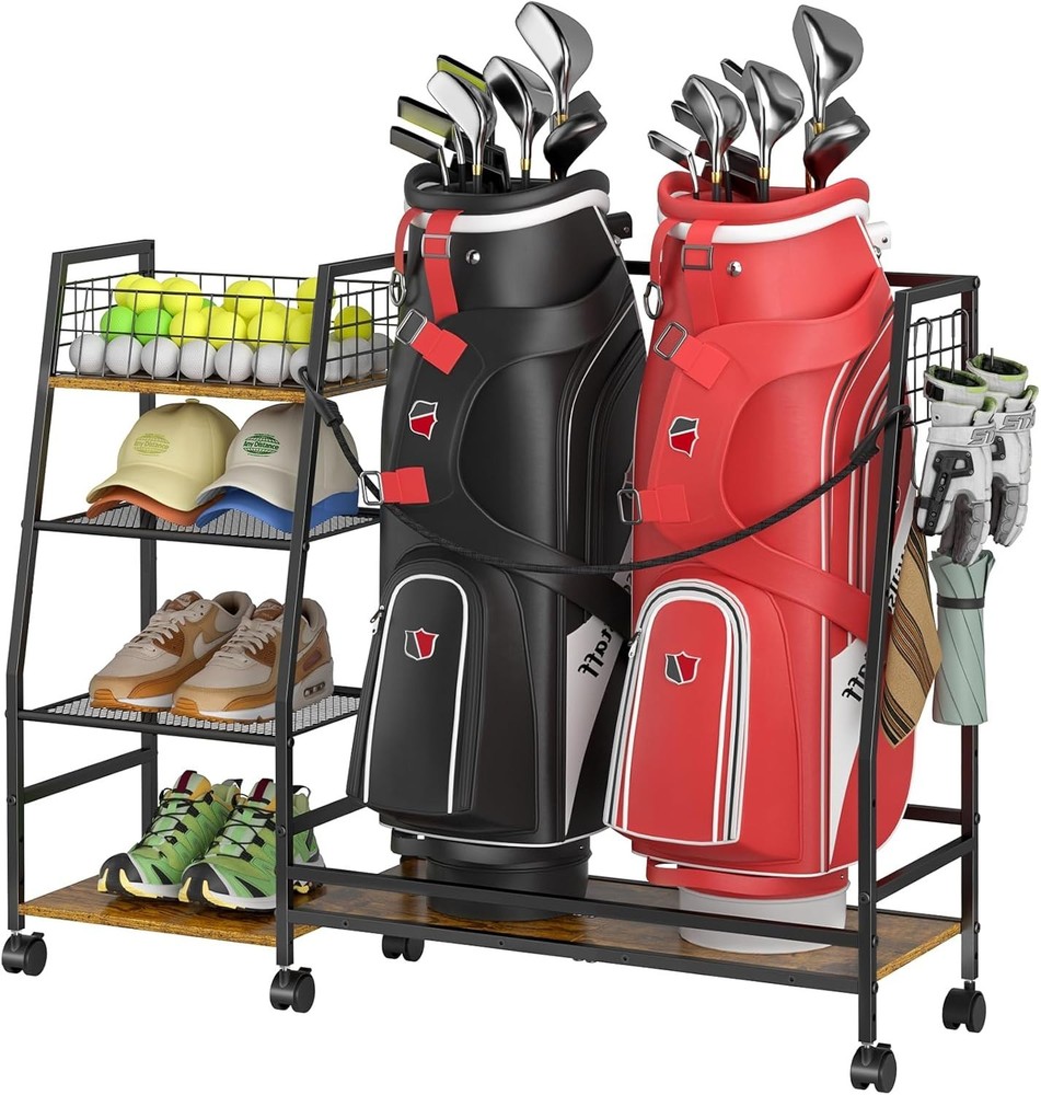 Golf Bag Storage Rack with Wheels Garage Organizer Stand Black