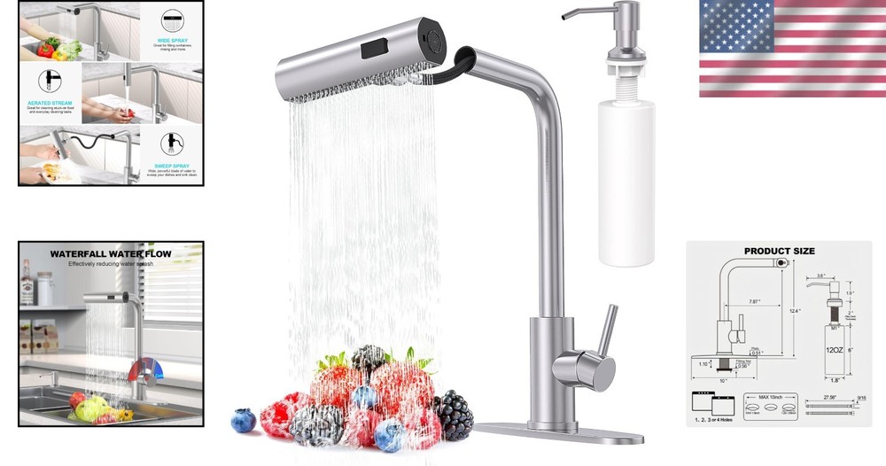 Touch On Brushed Nickel Kitchen Faucet with Waterfall Design & Pull Down Sprayer
