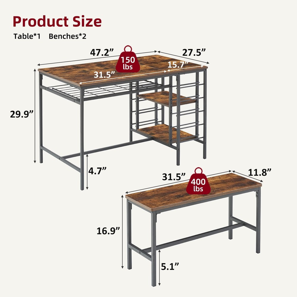 Dining Table Set for 4 ,Modern Kitchen Table with 2 Benches & torage Shelf Home