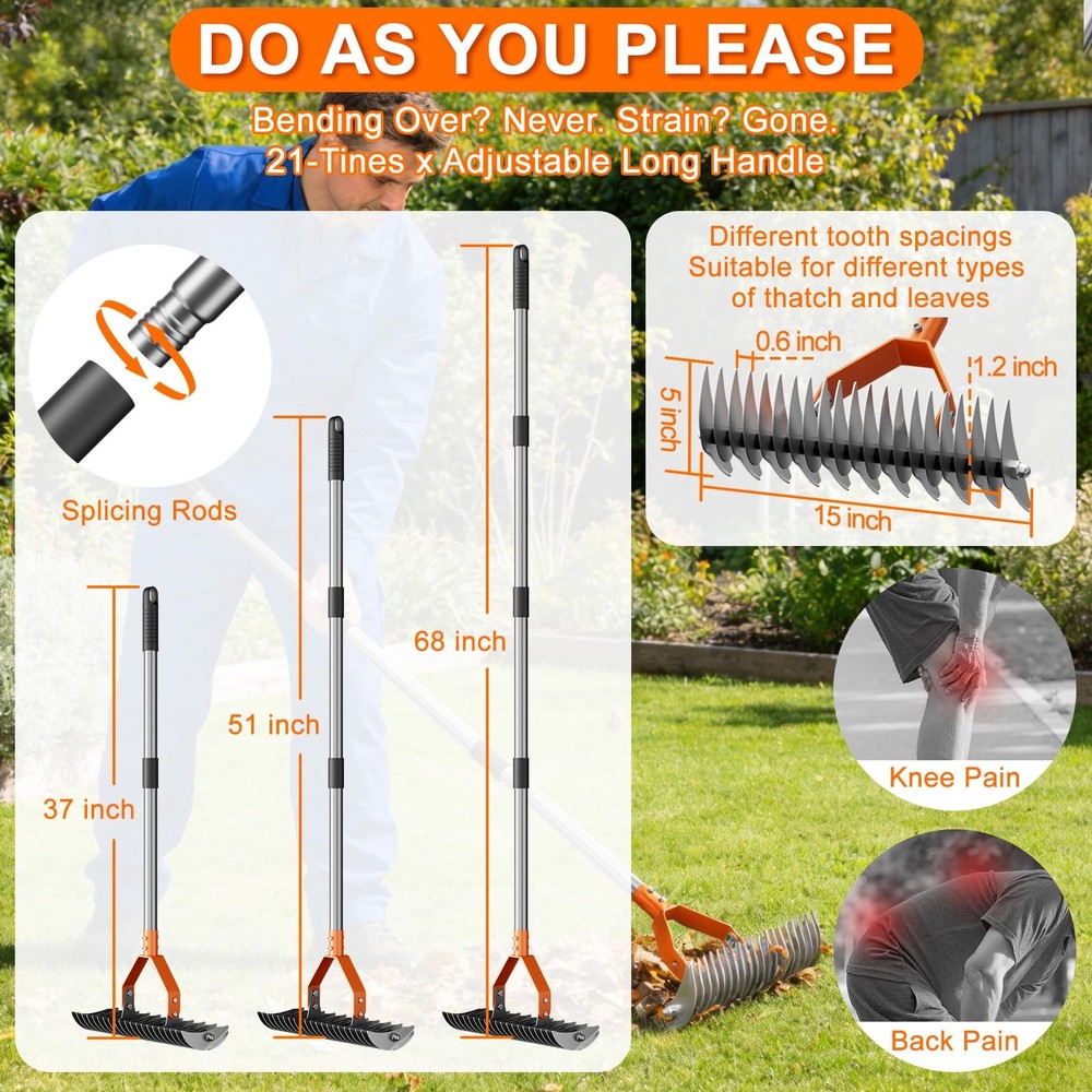 Thatch Rake for Lawn with 68" Adjustable Handle, 15" Heavy Duty Dethatcher Ra...