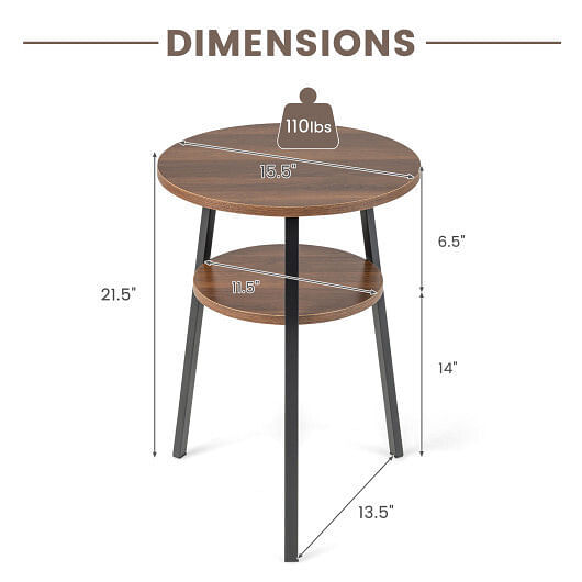 2-Tier Round End Table Set of 2 with Open Shelf and Triangular Metal Frame-Walnu