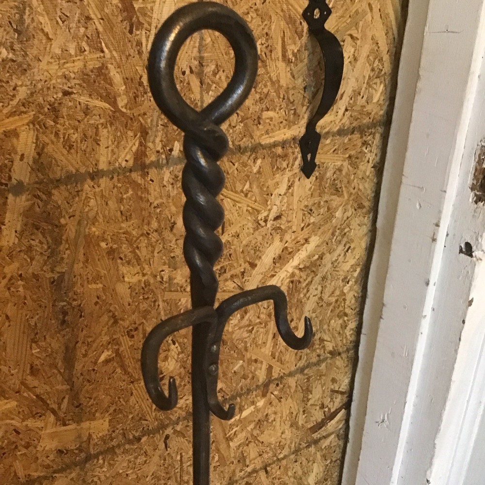 Fire place tool set, three piece with stand hand forged