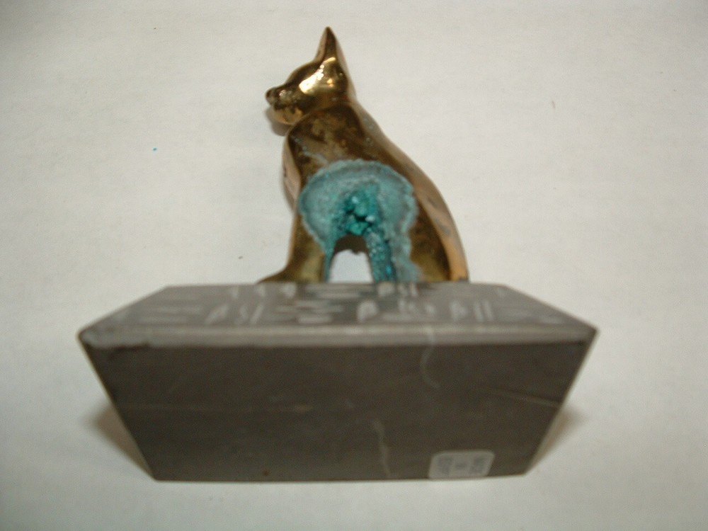 SOLID BRASS EGYPTIAN SPHINX CAT WITH SOLID STONE BASE CARVED HIEROGLYPHS WRITING