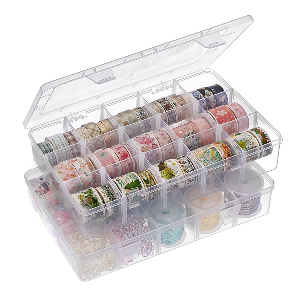 BTSKY 2 PCS Plastic Washi Tape Organizer, Adjustable 15-Grid Compartment Wash...