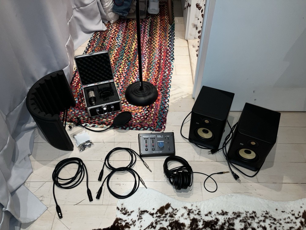 Complete Home Studio Setup with Microphone, Speakers, Mixer & Cables.