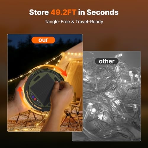 Solar Camping String Lights, 5400mAh/ 49.2FT/ 11 Modes Rechargeable Green
