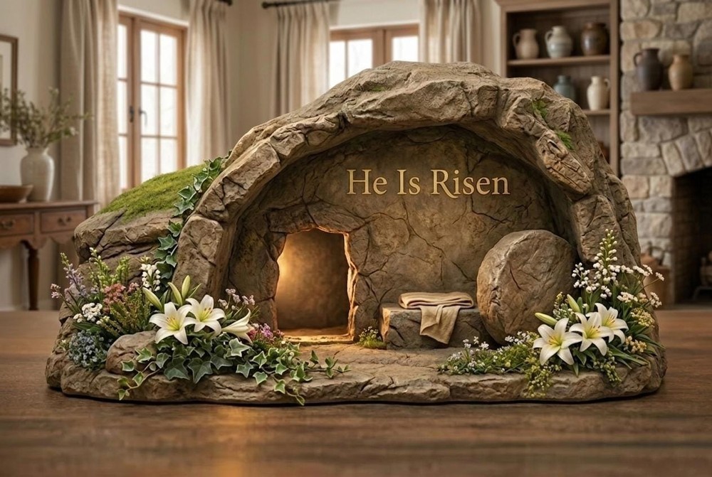 He Is Risen Empty Tomb Resin Figurine – Easter Christian Tabletop Decor