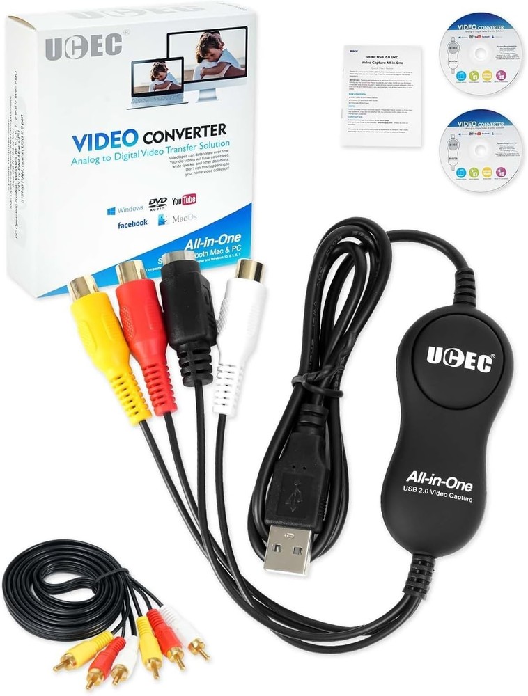 30fps VHS to Digital Conversion Kit with RCA Cable & User Guide for PC/Mac