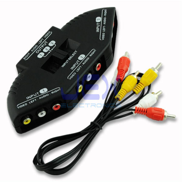Black 3-Way RCA Audio Video Selector Switcher Switch Box A/V Multi input/output