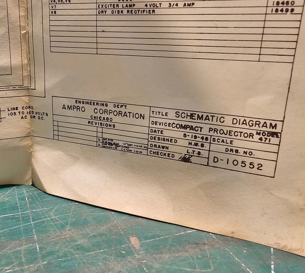 1948 Ampro Schematic for Compact Projector Amplifier Model 471