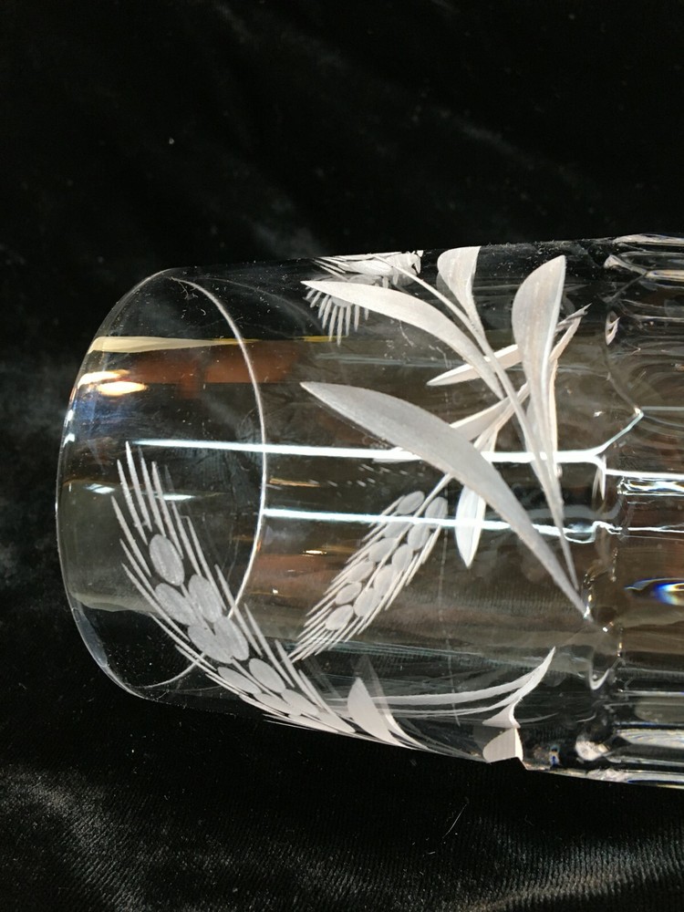 Clear Footed Crystal Glass Vase Etched Wheat