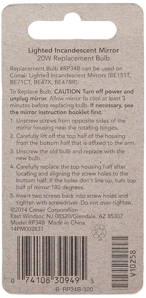 Conair Incandescent Mirror Replacement Bulb, 20W, Clear