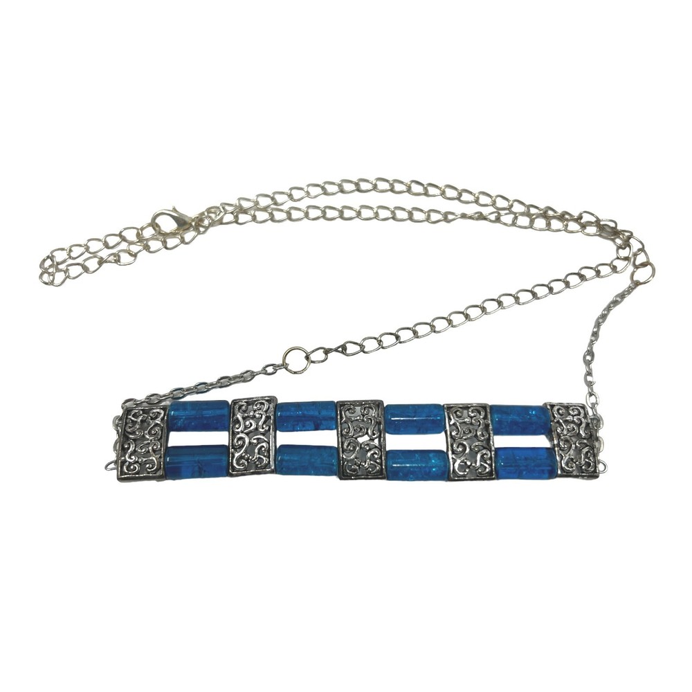 Handmade Beaded Necklace Blue Lucite Silver Tone Pendant