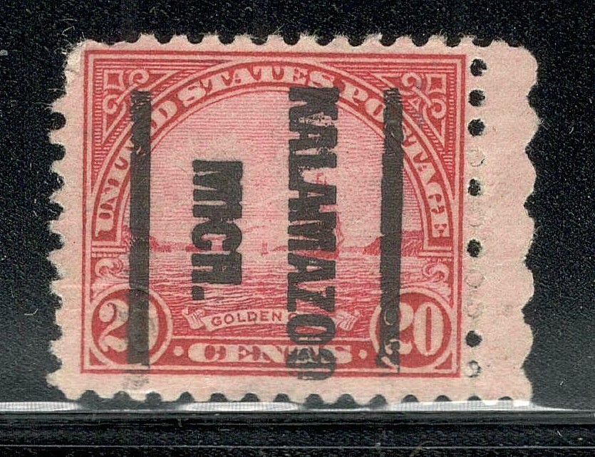 Sc # 698 ~ 20 cent Golden Gate Issue, Precancel, KALAMAZOO MICH. Down