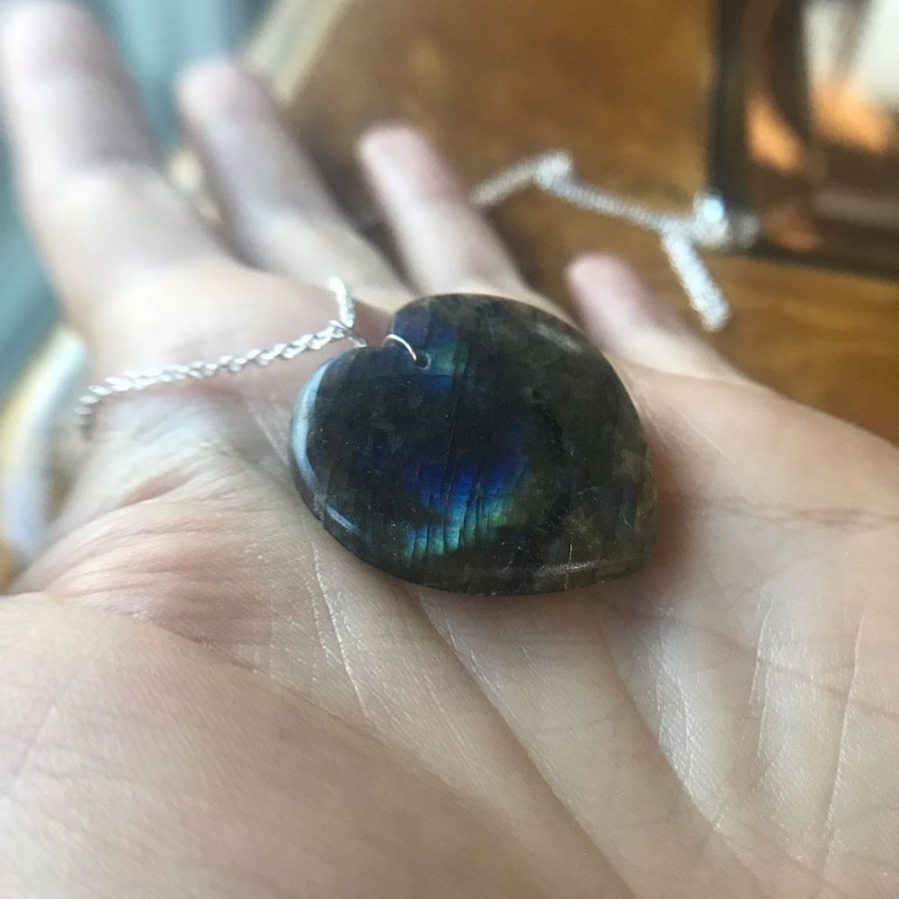 Natural Labradorite Sterling Silver Heart Necklace