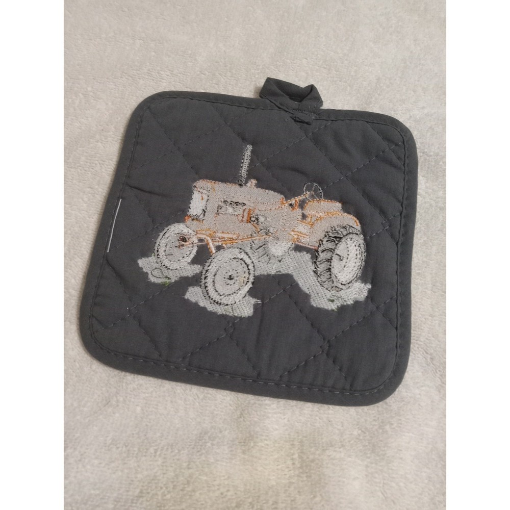 Gray Quilted Potholder with Embroidered Orange Tractor Kitchen Decor
