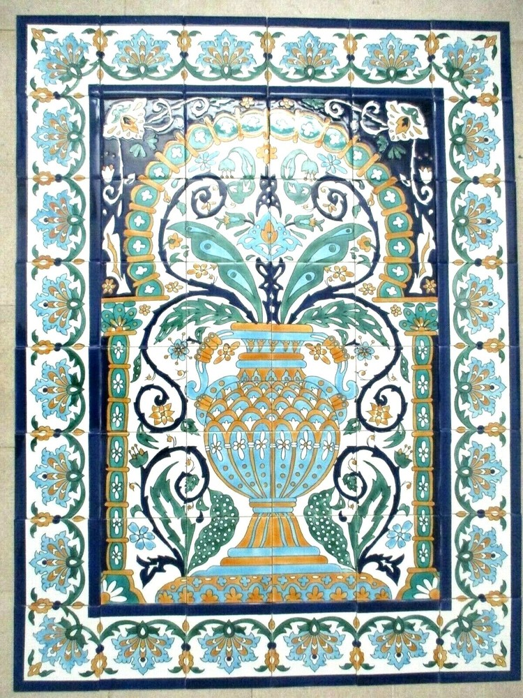 36" x 48" Hand painted Ceramic tile art panel vase floral mural Backsplash