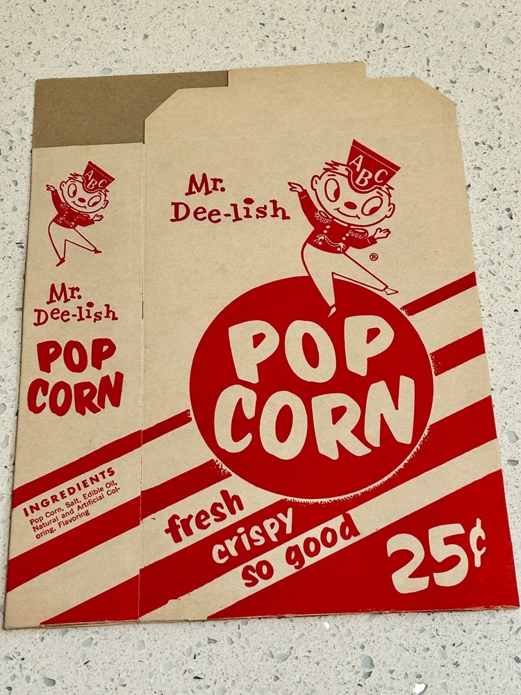 Mr. Dee-lish Pop Corn .25 Cent Box NEVER FOLDED Always Flat - ORIGINAL 1950's