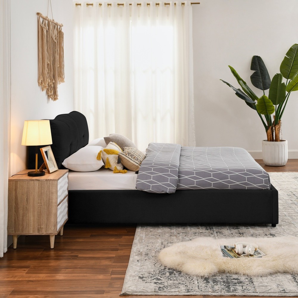 Queen/King Size Upholstered Platform Bed Frame w/ Hydraulic Storage System Black