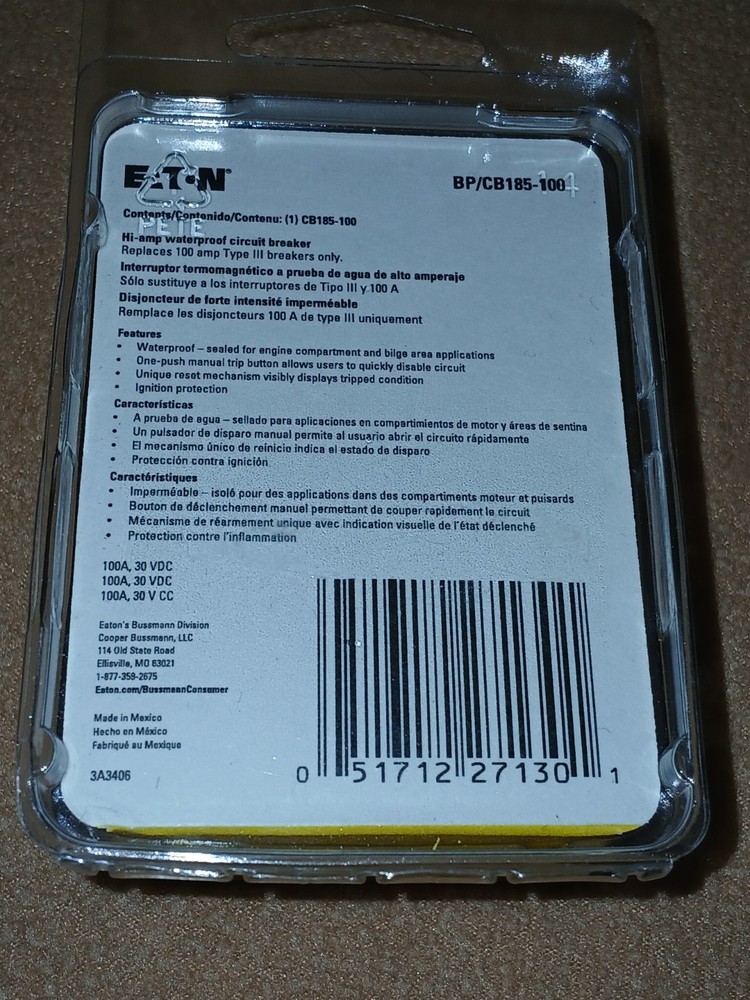 NEW Cooper Bussmann CB185 Surface Mount 100A Circuit Breaker