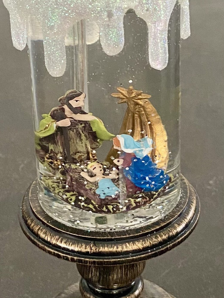 Manger Scene Snow Globe Flickering Candle, Lights Up