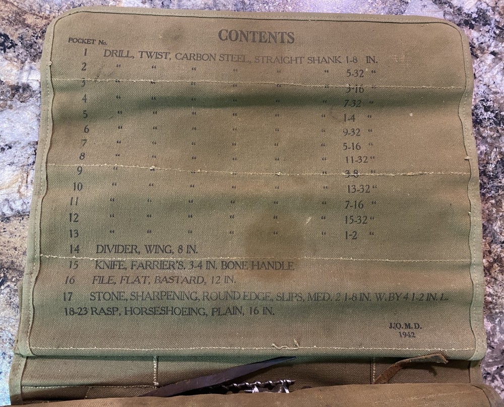 WWII US Tool Roll For Blacksmiths Set No 1-1942-Various Bits & Tools