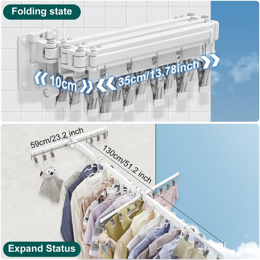 White 51" Clothes Drying Rack Retractable Foldable Wall Mounted, Tri-Fold Spa...