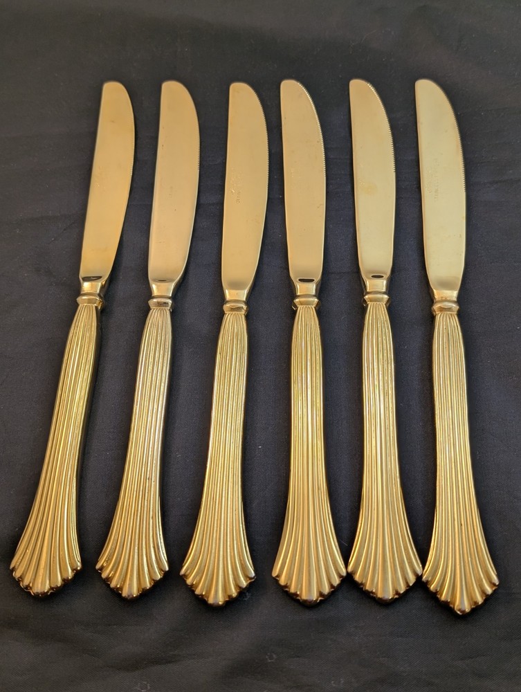 6pc Rogers PAVILLION Gold Electroplate Korea Stainless Solid Handle Knives