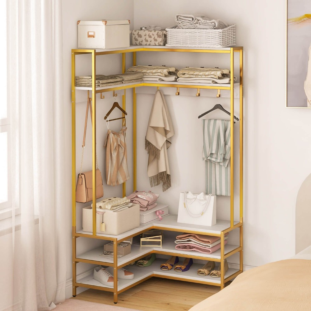 Corner Garment Rack w/ Open Shelves & 7 Hooks Shoe Bench Solid Metal Frame